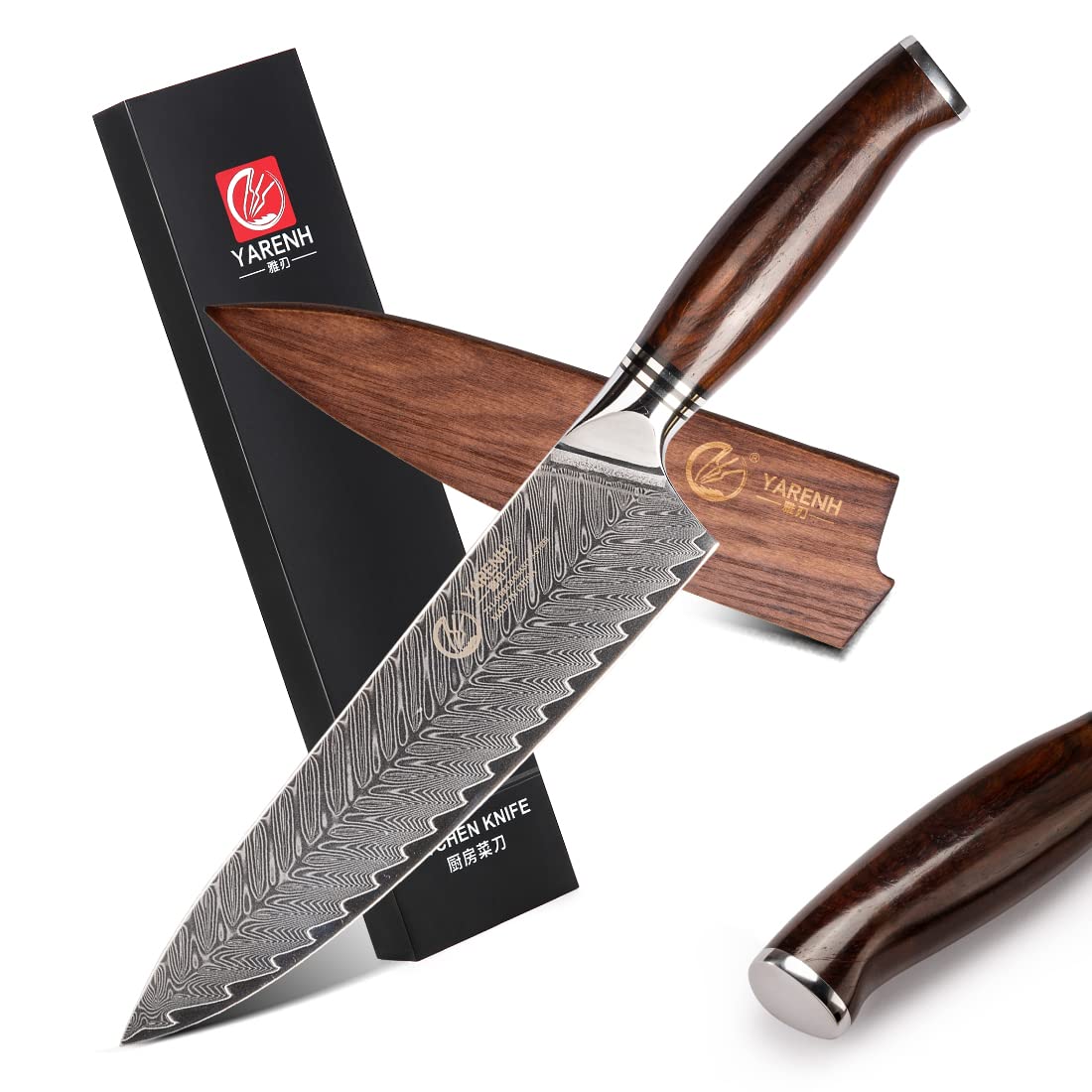 YARENH Damascus Knife Professional Chef's Knife 20.5 cm, 73 Layers Damascus Steel Kitchen Knife, Sharp Chef Knife, with Exquisite Sandalwood Handle, with Walnut Wood Sheath.