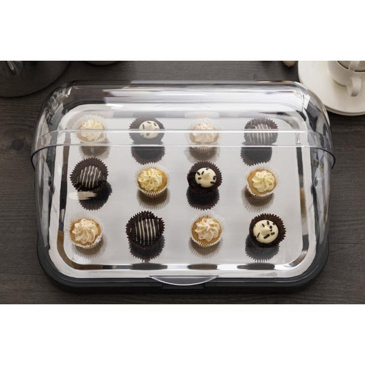 APS Buffet Display Case - Double-sided transparent roll top cover, one tray, ONE stainless steel tray, and TWO cooling packs - Made in Germany.