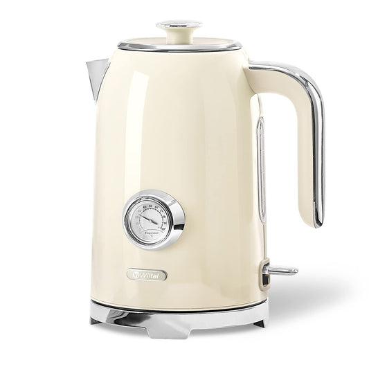 Wiltal Electric Kettle [1.7L, 2200W], Retro Cream, Stainless Steel, Toaster Kettle Set Retro (Water temperature display in retro design, external water level indicator) Vintage Tea Kettle.