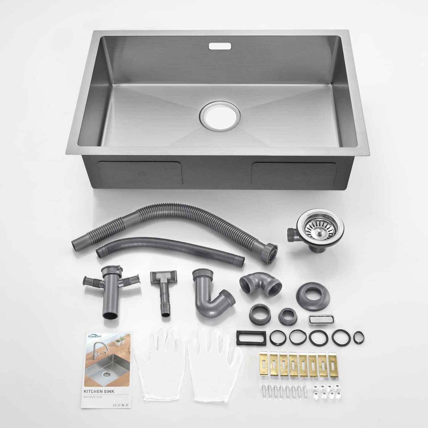 Auralum Kitchen Sink 70 x 44 cm, Large Handcrafted Stainless Steel Kitchen Sink, for 80 cm Kitchen Cabinet, including Siphon, Overflow, and Drain Set, Flush/Inset Sink for Kitchen