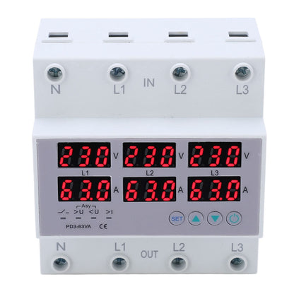 3-phase DIN rail voltmeter-ammeter multitester, AC 390-500V automatic overvoltage-overcurrent protection (63A)