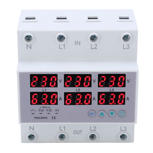 3-phase DIN rail voltmeter-ammeter multitester, AC 390-500V automatic overvoltage-overcurrent protection (63A)