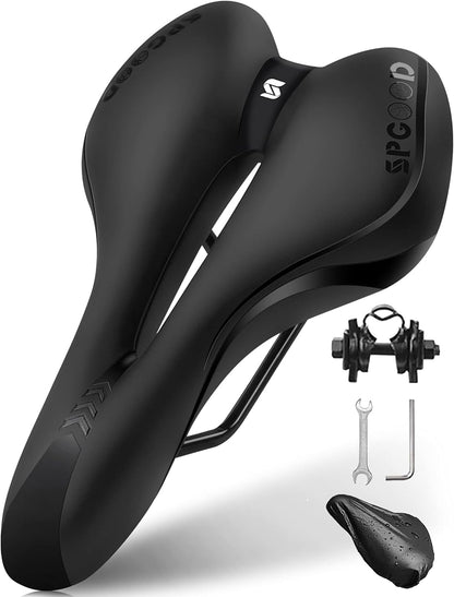 SPGOOD Bike Saddle Men Women Comfortable Wide Soft Gel Ergonomic Bicycle Seat with cover & wrench for Mountain Bike MTB Trekking Road Bike Indoor Cycling E-Bike Bicycle Seat 27*16cm