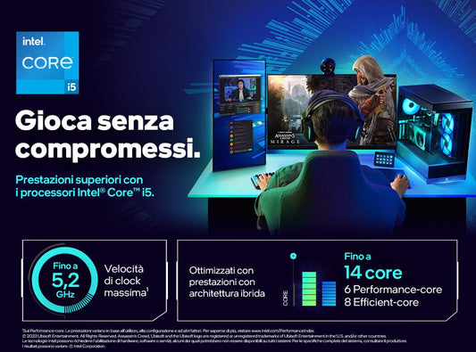 Intel® Core™ i5 desktop processor 14400 with 10 cores (6 performance cores and 4 efficiency cores) running up to 4.7 GHz.