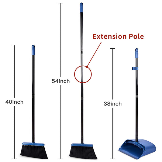 Jekayla Broom and Dustpan Set, Broom and Dustpan Combo with 137cm Long Extendable Handle for Household Cleaning, Blue