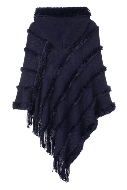 Ferand Women's Hooded Poncho, Warm Winter Cape, Striped Shawl with Fringes, Elegant, Navy Blue