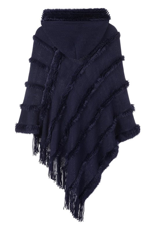 Ferand Women's Hooded Poncho, Warm Winter Cape, Striped Shawl with Fringes, Elegant, Navy Blue
