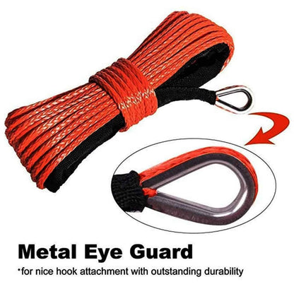 12-strand synthetic winch rope, 6mm x 15m. Synthetic winch rope with sheath. Auto tow rope for SUV, ATV, UTV, off-road vehicles, trucks, and boats. Red color.