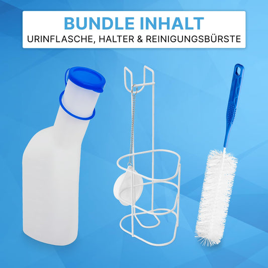 ARNOMED® PP male urinal 1L [WITH HOLDER & BRUSH], portable urinal bottle with screw cap, square-shaped male pee bottle, emergency pee bottle for men, urinal for men, duck urinal