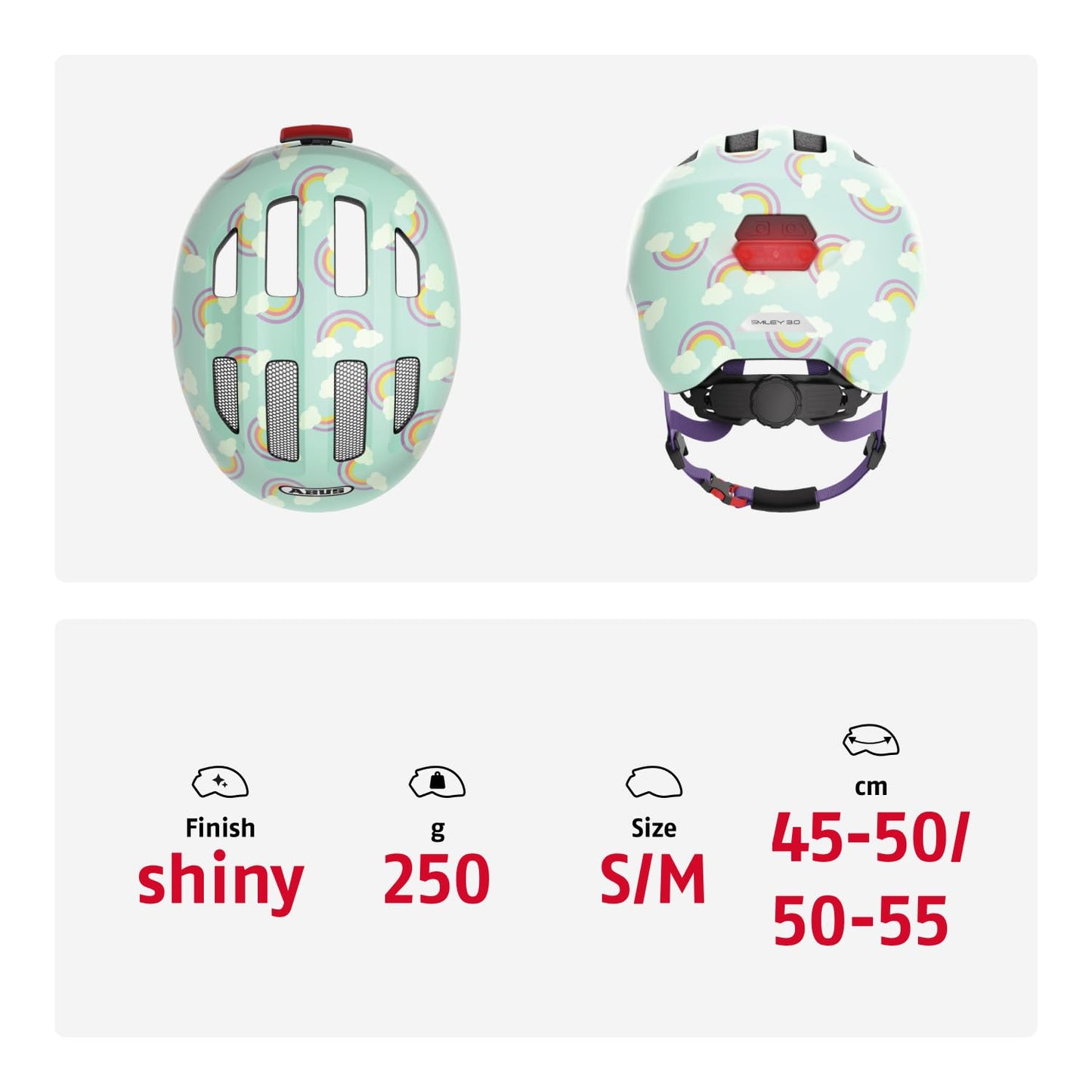 ABUS Children's Helmet Smiley 3.0 LED - bike helmet with light - deep fit & space for a ponytail - for girls and boys - Light blue with rainbow pattern, size M