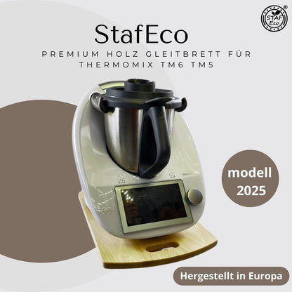 STAFECO Premium Wood Slide Board for Thermomix TM6 TM5 - Stable and stylish base with swiveling wheels, vibration damping, and worktop protection (natural wood)