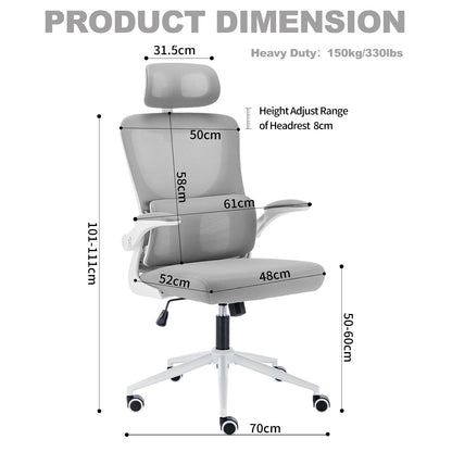 LIYURUI Ergonomic Office Chair, Adjustable Desk Chair with Headrest/self-adaptive Lumbar Support/padded flip-up Armrest, breathable 125° Rocking 360° Swivel Chair, gray