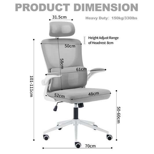 LIYURUI Ergonomic Office Chair, Adjustable Desk Chair with Headrest/self-adaptive Lumbar Support/padded flip-up Armrest, breathable 125° Rocking 360° Swivel Chair, gray