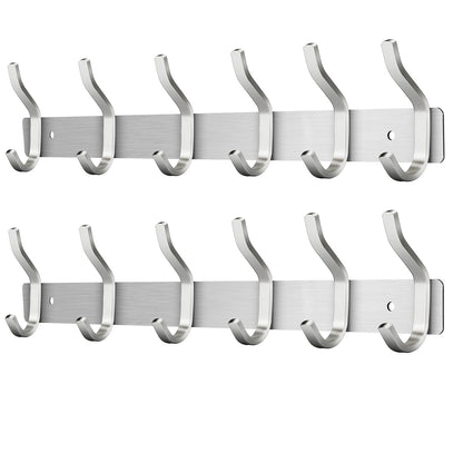 MEIJO stainless steel coat hooks, hook rail coat hooks wall with 6 hooks, wardrobe coat rack wall coat rack for bedroom bathroom kitchen (silver, 6 hooks 2 pieces)