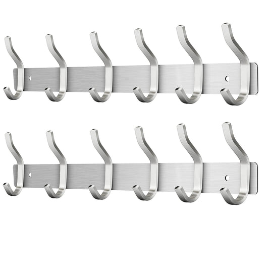 MEIJO stainless steel coat hooks, hook rail coat hooks wall with 6 hooks, wardrobe coat rack wall coat rack for bedroom bathroom kitchen (silver, 6 hooks 2 pieces)