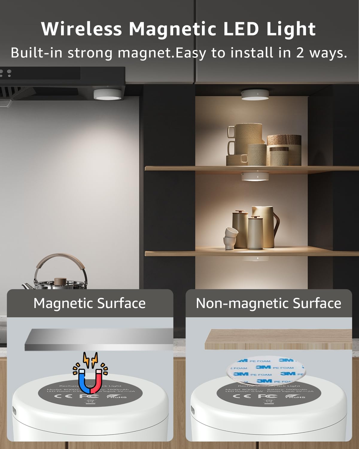 Dimmable LED spot with battery and remote control, 2400mAh USB rechargeable cabinet lighting wireless under cabinet kitchen LED round touch lamp battery operated magnetic adhesive light