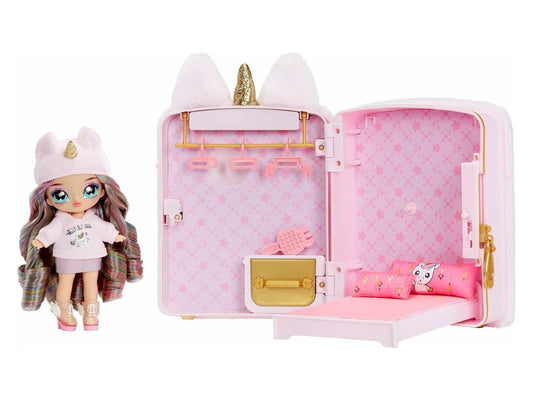 Na! Na! Na! Surprise 3-in-1 Backpack Bedroom Unicorn Playset with fashion doll Britney Sparkles and fluffy pink Unicorn backpack, closet with pillows & blanket - Perfect for kids ages 3 and up.