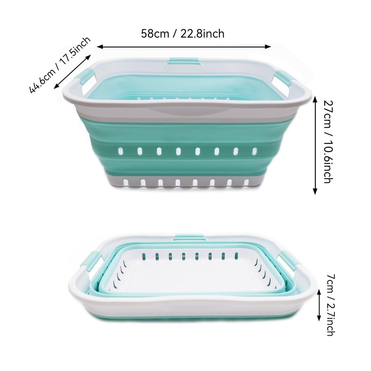 SAMMART 42L Collapsible Plastic Laundry Basket - Foldable Pop Up Storage Container/Organizer - Space Saving Hamper/Basket (White/Lake Green, 1)