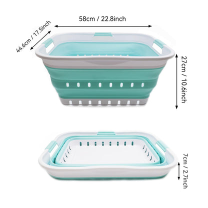 SAMMART 42L Collapsible Plastic Laundry Basket - Foldable Pop Up Storage Container/Organizer - Space Saving Hamper/Basket (White/Lake Green, 1)