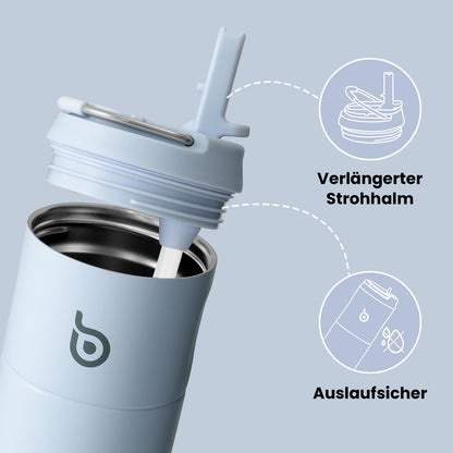 bottlebottle Stainless Steel Straw Water Bottle 500ml, leak-proof sports water bottle, ideal for school, office, hiking, and outings, BPA-free (Blue)