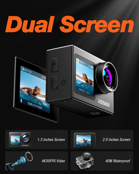 iZEEKER Action Cam 4K 24MP, Waterproof Underwater Camera 40M with EIS, Dual-Screen Camera, Touchscreen, Vlog Camera, Helmet Camera, WiFi, Remote Control, External Microphone, 2X1350mAh Batteries, Accessory Kit.