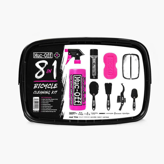 Muc-Off 8 in 1 bike cleaning kit - Great gift for bike lovers - Bike cleaning accessories with Muc-Off Bike Cleaner, Bike Protect, cleaning brushes and sponge in storage bucket.