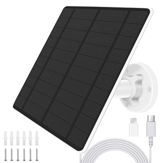 Eufy Security Solar Panel (5W) is compatible with EufyCam. It has a 5V solar panel with a USB-C connector, a micro USB adapter, and is IP65 weatherproof for outdoor surveillance and camera charging.