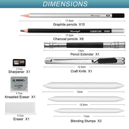 Surcotto Pencil Set, 21 pencils with 1 sharpener, 2 erasers, 1 extender, 3 paper stumps. Professional drawing set for beginners, metal case, range from 10B to 4H, total of 30 pieces.