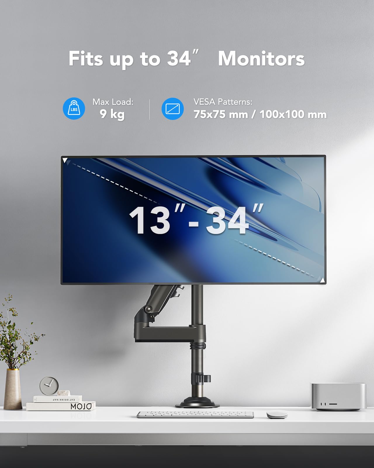 HUANUO 13-34 inch monitor mount for LCD LED screen holds 2-9 kg, gas spring monitor arm, single arm monitor stand VESA 75/100 mm, 360° rotation, 180° swivel