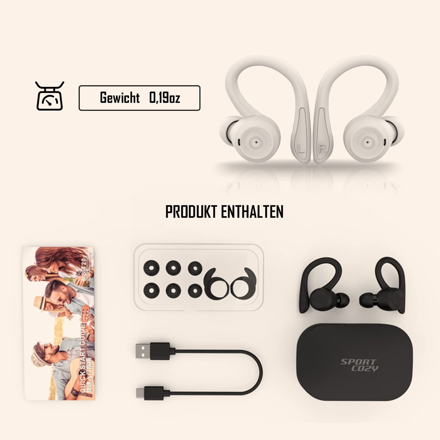 Bluetooth sport headphones in-ear, waterproof and sweatproof. Wireless with noise cancellation, microphone, and ear hooks for training, running, cycling. Compatible with iOS and Android, in beige color.