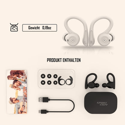 Bluetooth sport headphones in-ear, waterproof and sweatproof. Wireless with noise cancellation, microphone, and ear hooks for training, running, cycling. Compatible with iOS and Android, in beige color.