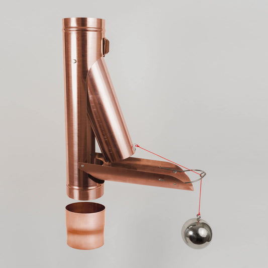 Rainwater flap copper automatic with float DN 100 incl. adapter Rain pipe flap with ball for filling rain barrels, rain barrels, and smaller rainwater tanks.