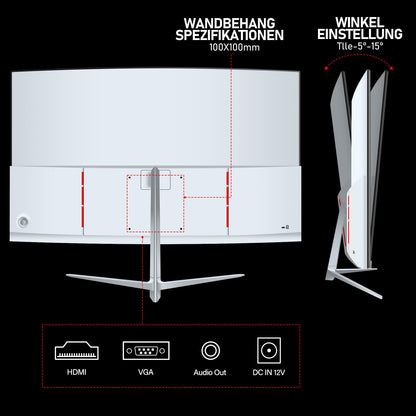 Gawfolk Curved Monitor 27 inch 100Hz with speakers, 1800R Curved PC screen FHD 1080P, White computer screen with Eye Care technology HDMI VGA, supports VESA.