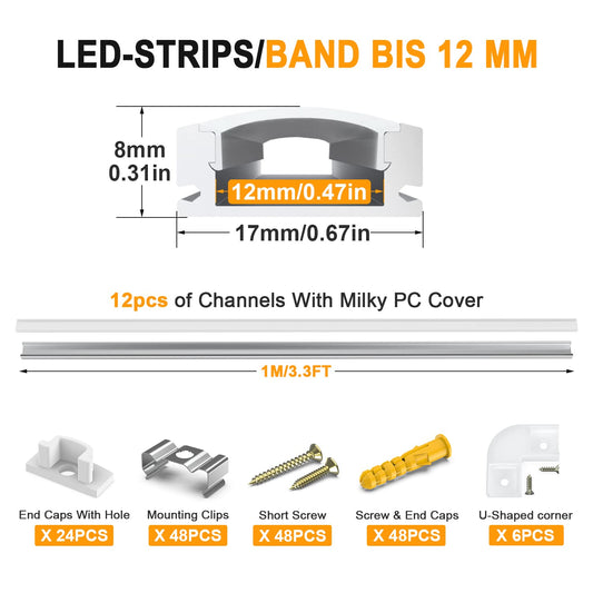 Angdarun LED profile, 12 pieces x 1M U-shape LED aluminum profile channel, for LED strip, with frosted white end caps, mounting clips, and corner connectors.