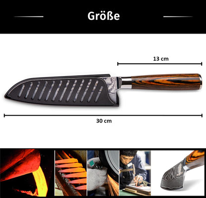Wolfblood Damascus Santoku Knife XL (30cm) Professional chef's knife made of authentic 67 layer Damascus steel. Damascus kitchen knife with wooden handle. Comes in a gift box with blade guard.