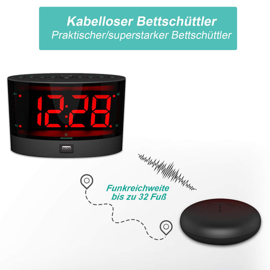 ANJANK Extra Loud Alarm Clock with Wireless Vibrating Bed Shaker for Deaf/Hard of Hearing/Heavy Sleepers, Dual Alarm, Dimmer, Battery Backup, USB Charger, Large Digital LED Display