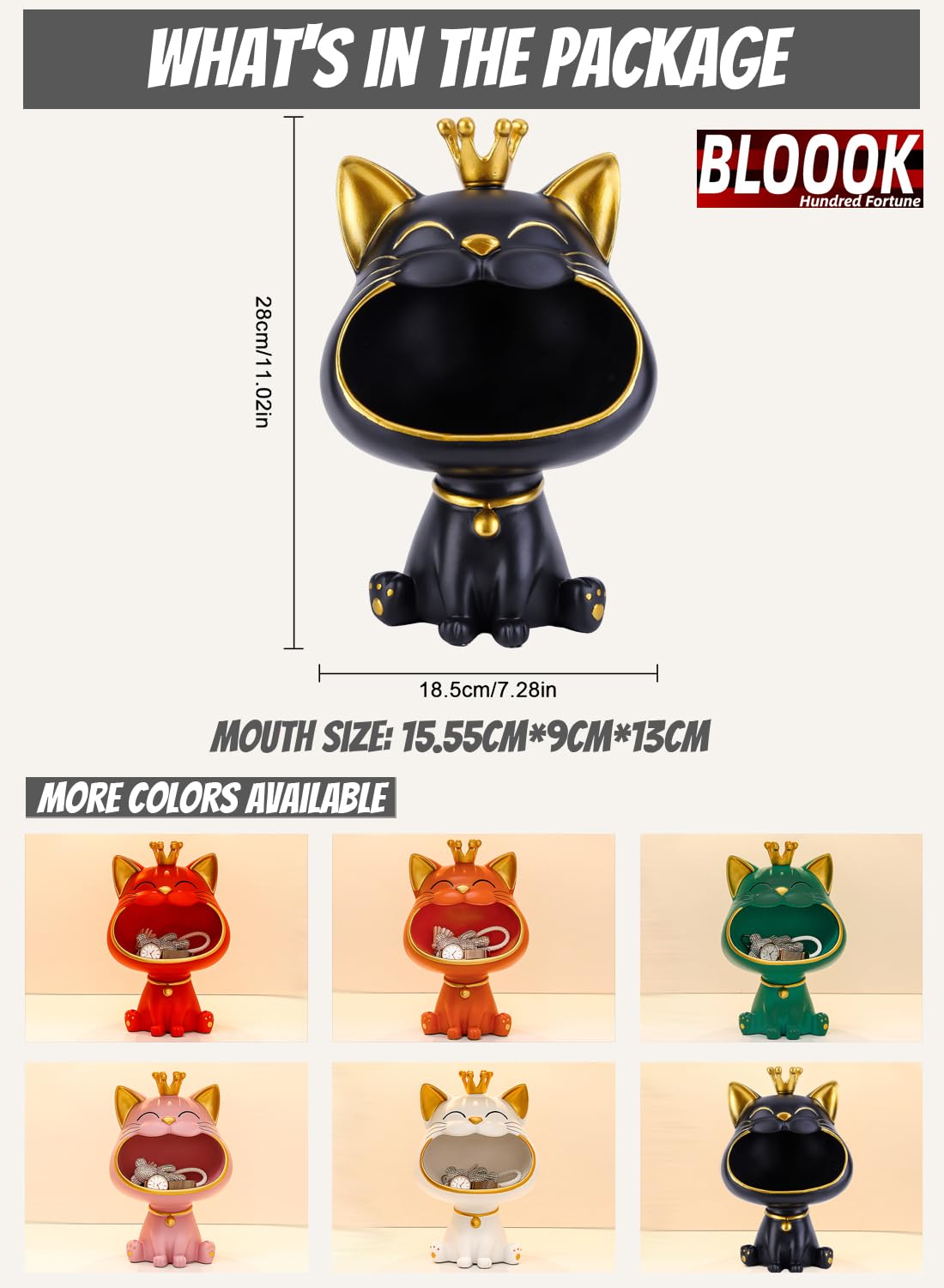 BLOOOK Laughing Cat Figurine Statue, Maneki Neko Fortune Cat Sculpture, Kawaii Cat Decor Gift, Key Tray, Jewelry Tray, Modern Decor for Living Room Home Entryway Furniture (Black)