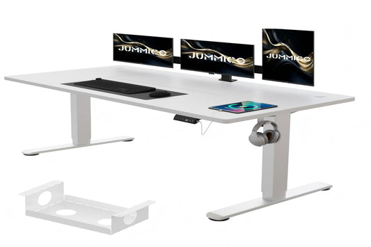 JUMMICO adjustable desk 180 x 80 cm with cable tray, Electric height adjustable standing desk with USB outlet, Computer desk, Ergonomic standing-sitting table, Office desk, White