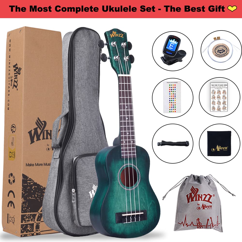 Winzz 21" Soprano Ukulele Beginner Set for Children Adults, Unique Color Design, with Bag, Tuner, Extra Strings, Strap, Note Stickers, Polishing Cloth - Dark Cyan
