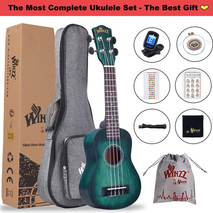 Winzz 21" Soprano Ukulele Beginner Set for Children Adults, Unique Color Design, with Bag, Tuner, Extra Strings, Strap, Note Stickers, Polishing Cloth - Dark Cyan