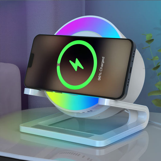 Bluetooth speaker with night light and wireless charger, touch dimmable bedside lamp with 5 light modes, music box & inductive charging station, perfect birthday gift for women and men.