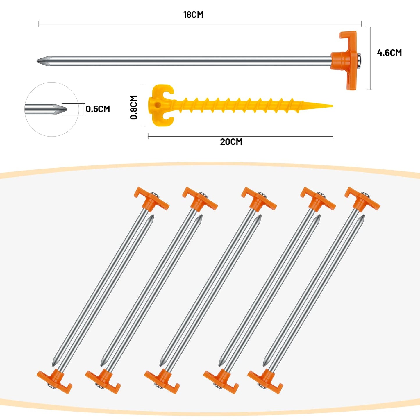 Tent pegs, AVOFOREST stakes ground nails sturdy, Camping stakes, Tent accessories, Long and sturdy ground nails, ideal for normal and hard soil, 18cm (Orange, 20pcs)