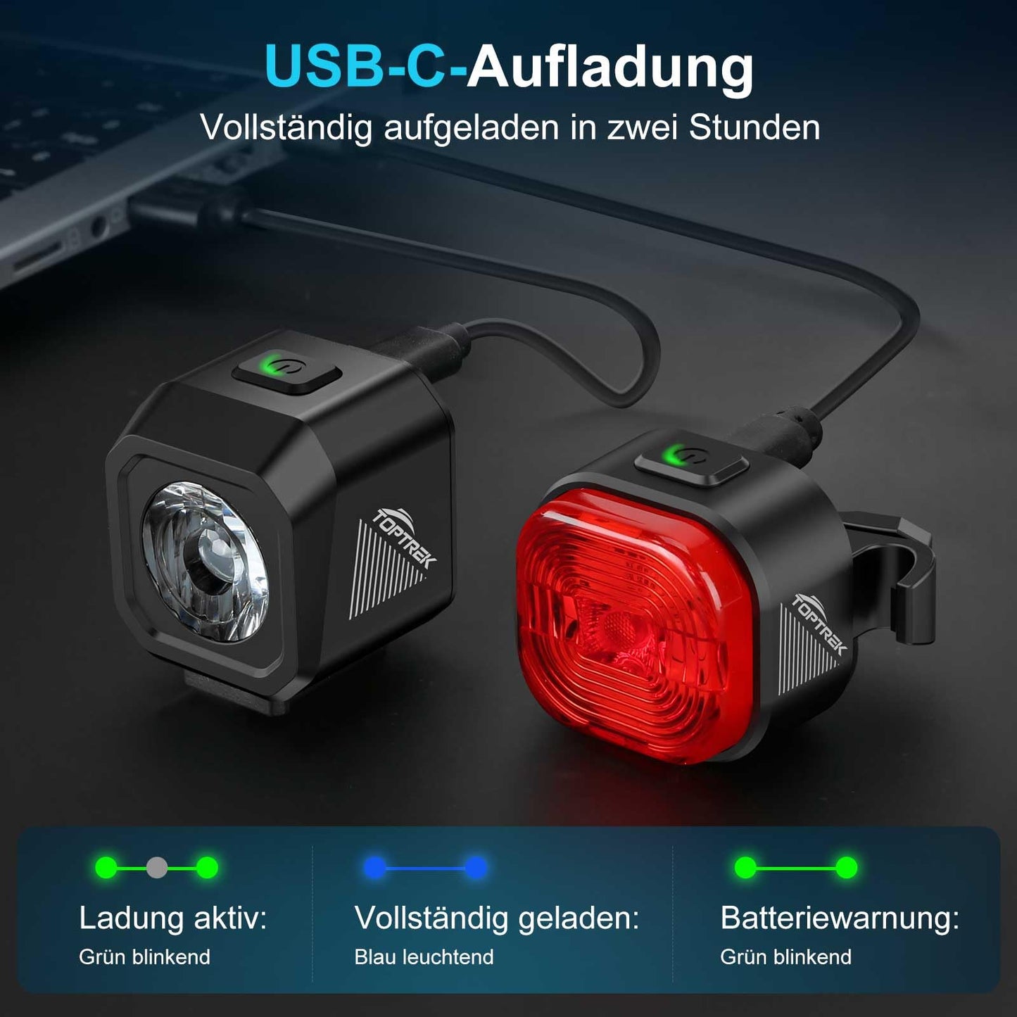 toptrek Bike Light Set USB Rechargeable, StVZO Approved Bike Lights LED Set, IPX5 Waterproof Bike Lighting Set, Low Battery Reminder, Front & Rear Light Set