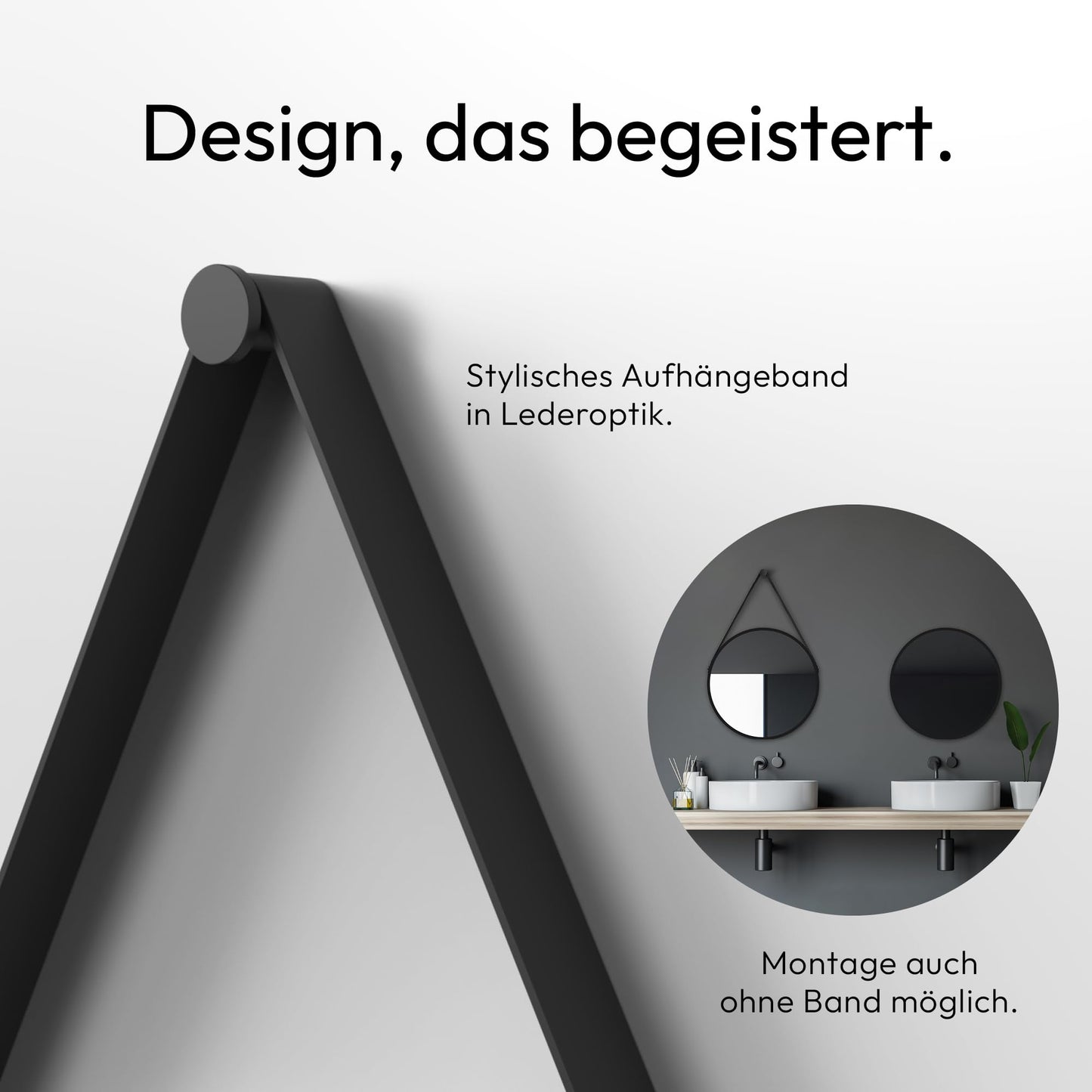 Talos Black Style round Ø 50 cm - Round bathroom mirror in matte black with aluminum frame - Wall mirror with leather-look band - High-quality bathroom mirror for a modern atmosphere
