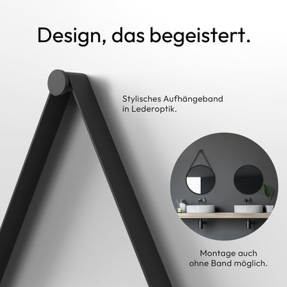 Talos Black Style round Ø 50 cm - Round bathroom mirror in matte black with aluminum frame - Wall mirror with leather-look band - High-quality bathroom mirror for a modern atmosphere