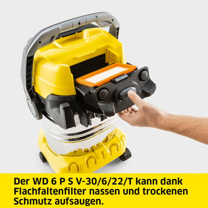Kärcher wet/dry vacuum WD 6 P S V-30/6/22/T, incl. power outlet, flat pleated filter, patented filter box, filter cleaning, 1,300 W, stainless steel container: 30 l & drain plug, suction hose: 2.2 m