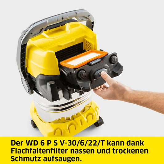 Kärcher wet/dry vacuum WD 6 P S V-30/6/22/T, incl. power outlet, flat pleated filter, patented filter box, filter cleaning, 1,300 W, stainless steel container: 30 l & drain plug, suction hose: 2.2 m