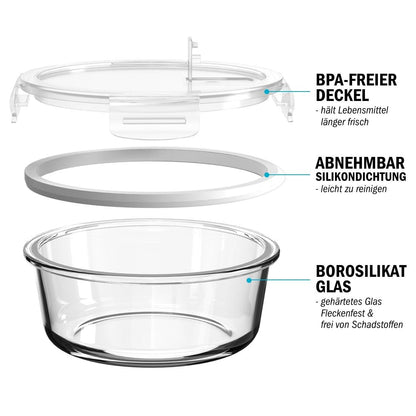 Igluu Meal Prep Round Glass Food Storage Containers with Lid (5-Pack + 1 Spare Lid) – microwave, oven, freezer, dishwasher safe, leak-proof – 840 ml – 1 Compartment - BPA-free Borosilicate Glass