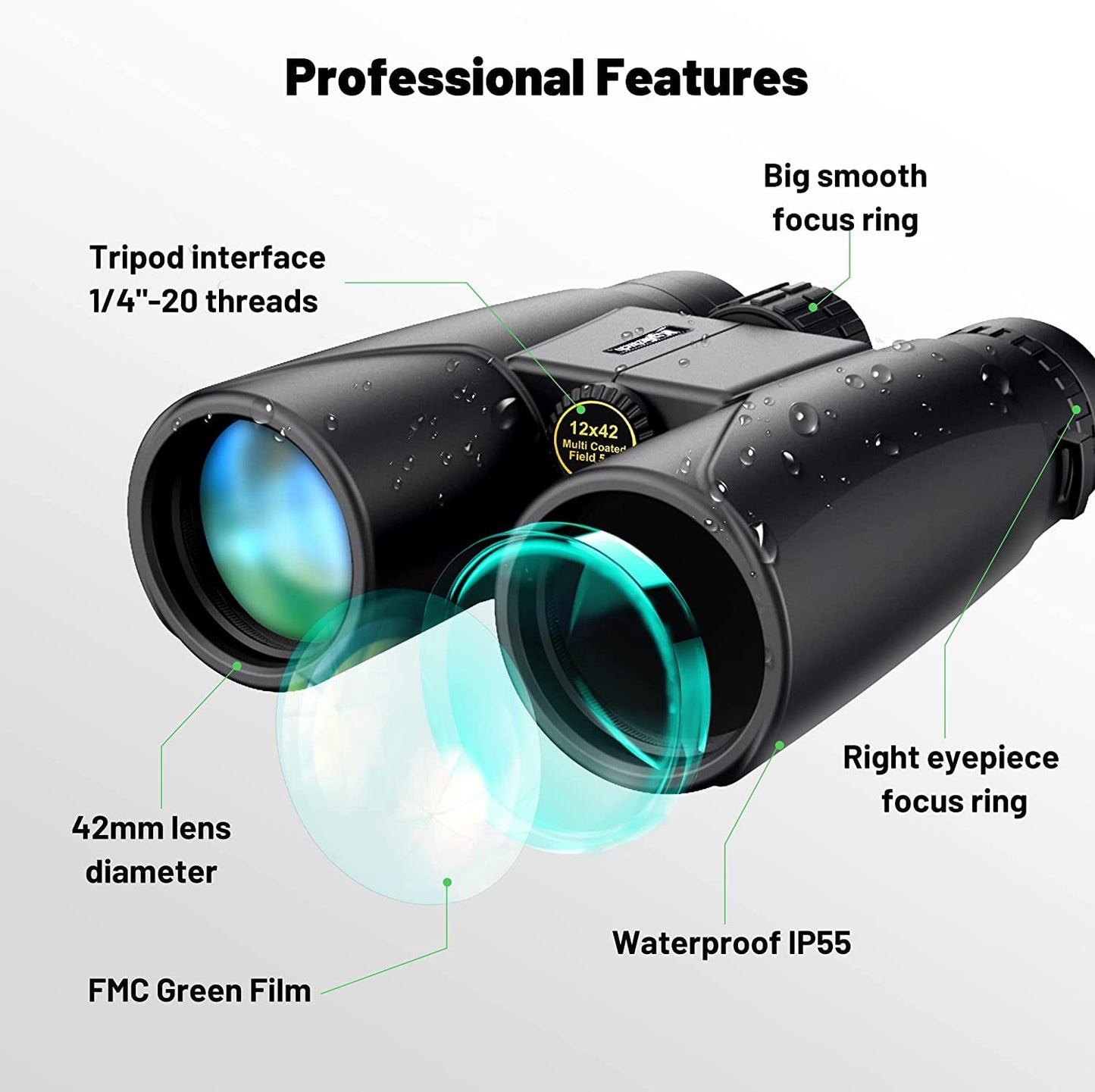 Kylietech 12x42 HD Compact Binoculars, Waterproof for Bird Watching, Hunting, Hiking, Sightseeing. FMC Lens Binoculars with Carrying Bag, Neck Strap and Smartphone Adapter.