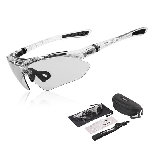 ROCKBROS self-tinting cycling glasses sunglasses for men/women with UV 400 and headband for eyeglass wearers. Ideal for outdoor activities like running and mountain biking. Transparent lenses.